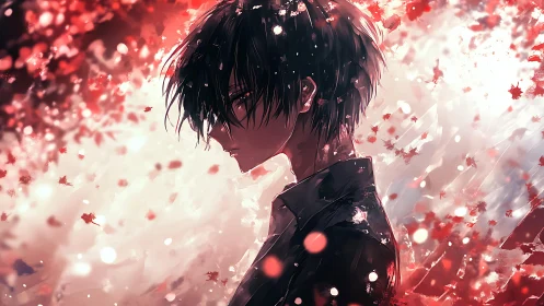 Melancholic anime boy stands amid swirling red leaves