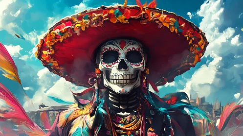 Colorful D&iacute;a de Muertos skeleton in ornate feathered sombrero.
