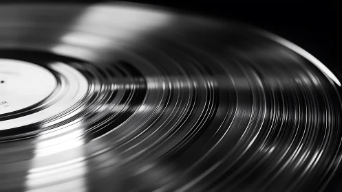 Monochrome closeup of spinning vinyl record grooves in motion.