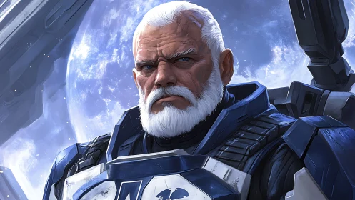 Veteran space commander in blue tactical exosuit portrait