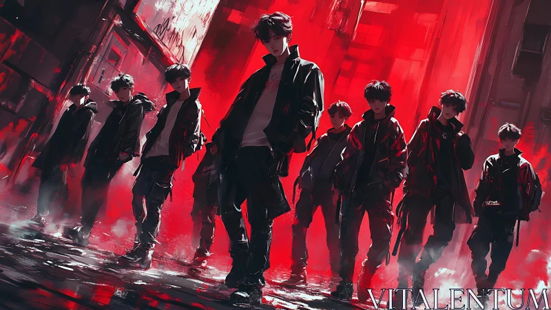 Cyberpunk squad in red neon alley, dynamic group composition.