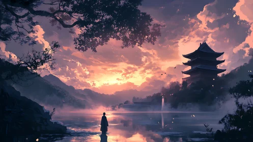Monk surveys misty pagoda lake under blazing peach sky.