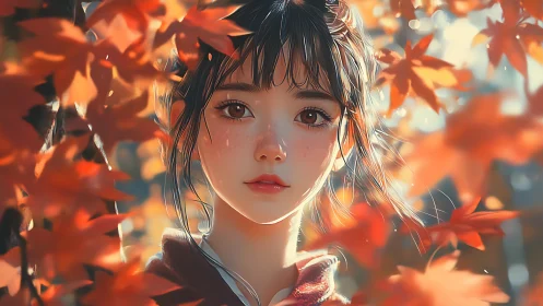 Autumn portrait of wistful girl amid glowing maple leaves.