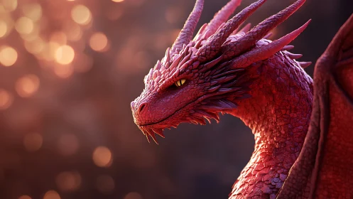 Specular-lit crimson dragon portrait with cinematic bokeh depth.