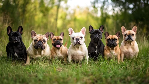 Seven French bulldogs sit aligned in shallow-depth portrait