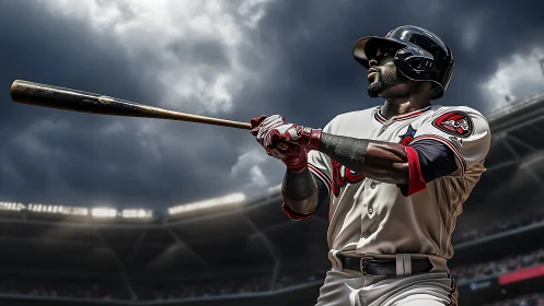 Baseball player swings bat under stormy stadium sky.