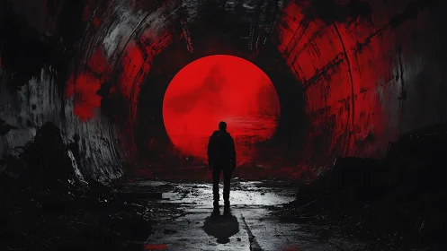 Solitary figure before radiant red portal in tunnel.