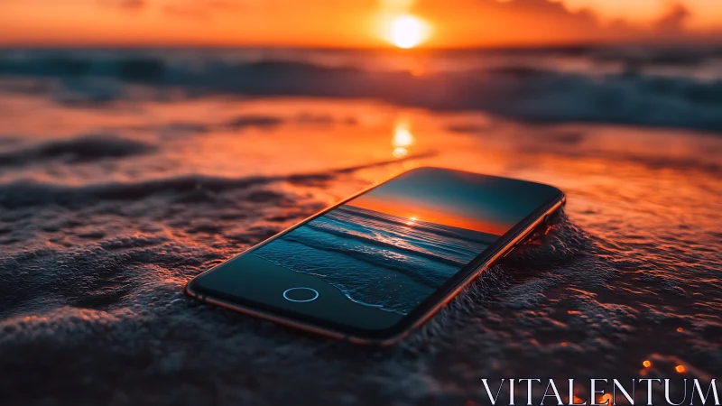 Smartphone lying in wet shoreline at vivid orange sunset.