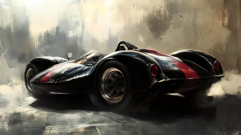 Sleek black vintage race car in painterly digital light.