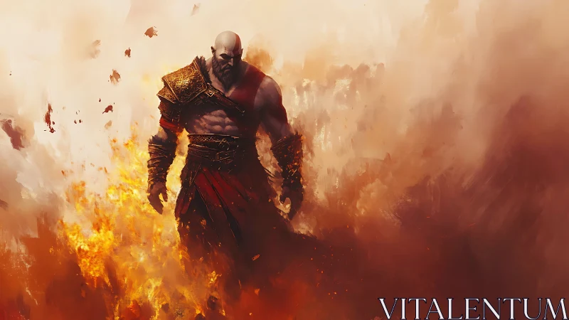 Armored warlord emerging through particulate firestorm field.