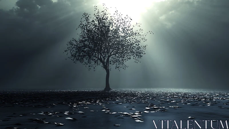 Solitary deciduous tree stands centered under diffused backlight