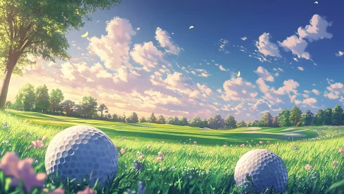 Sunlit golf balls in dreamy flowered fairway landscape.