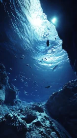 Sunlit underwater canyon welcomes curious drifting fish