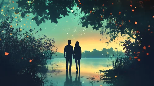 Two souls navigate luminous waters where twilight conversations bloom