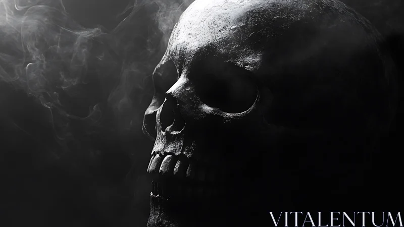 Monochrome human skull emerging through cinematic swirling smoke.