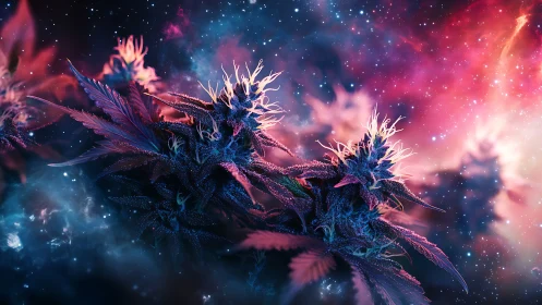 Nebula-tinted cannabis inflorescences rendered with spectral chromatic contrast