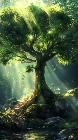 Ancient luminous forest tree under cascading sunbeams.