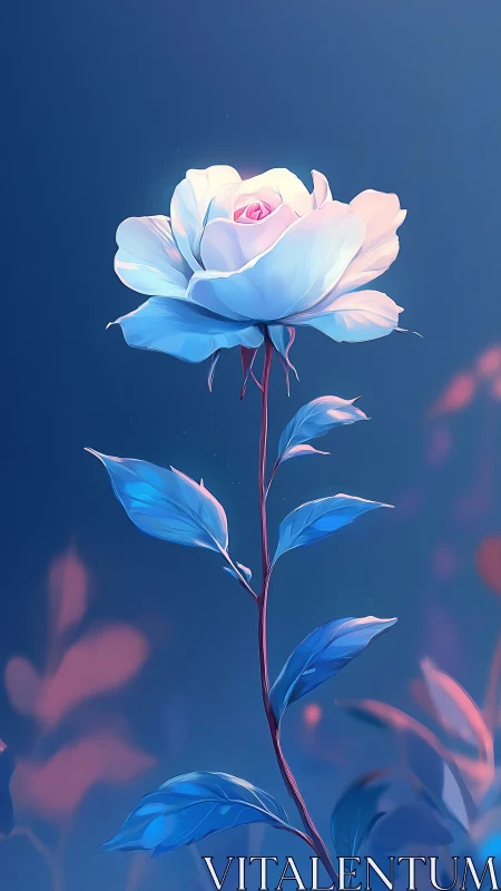Luminous white rose glows against deep blue twilight sky