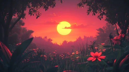 Sunset drapes a flowered forest in molten strawberry light