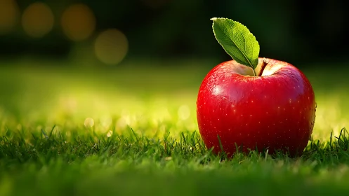 Red apple rests on sunlit grass with crisp green leaf