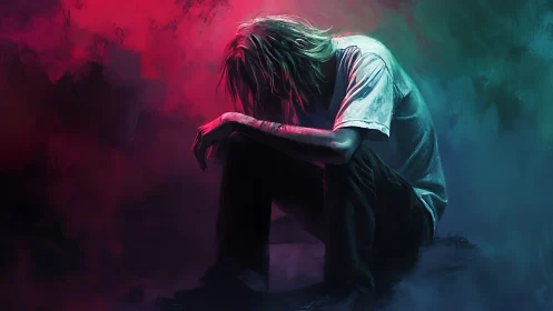 Seated figure in shadow with bicolor atmospheric lighting.