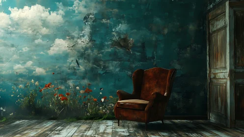 Vintage leather armchair stands before painted sky wall