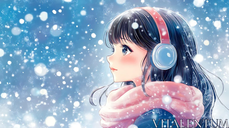Anime girl in winter snow wearing headphones and scarf.