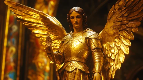 Golden winged guardian bathed in gentle cathedral light.