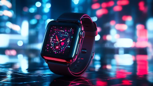 Neon city glow wraps a smart watch in playful night color.