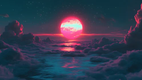 Chromatic lunar reflection over stratified cloud ocean.