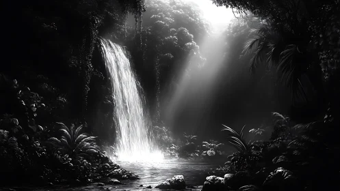 Moonlit water curtain hushes a jungle carved from shadow