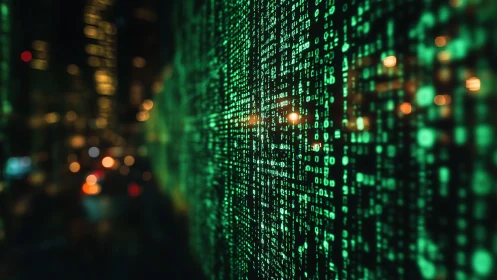 Green digital code matrix against blurred urban lights.