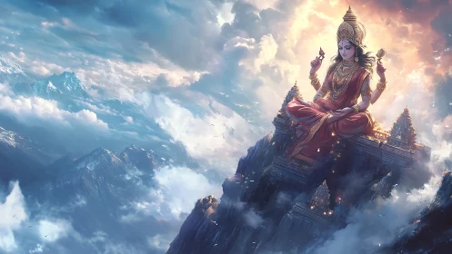 Divine goddess seated above Himalayan peaks in luminous clouds