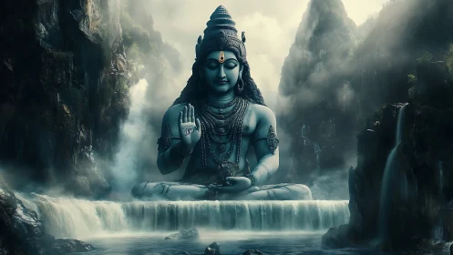 Mountain mist crowns a serene blue deity above roaring falls