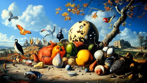 Surreal still life with fruits, eggs, birds, and distant castle.