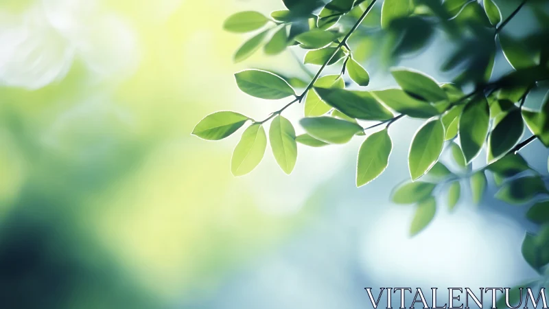 Sunlit green leaves with dreamy pastel bokeh background.