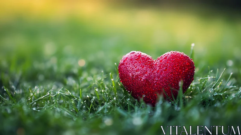 Red glitter heart rests on frost-kissed grass.