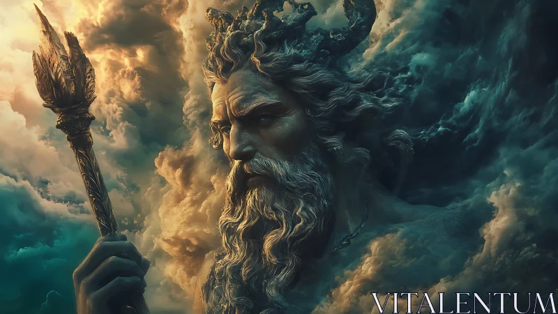 Mythic storm deity rendered as volumetric atmospheric sculpture.