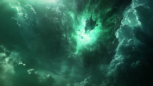 Spaceship structure enters luminous green nebula region