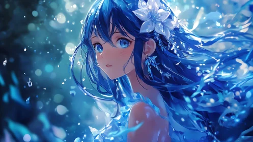 Blue haired anime girl with flowers in flowing hair.