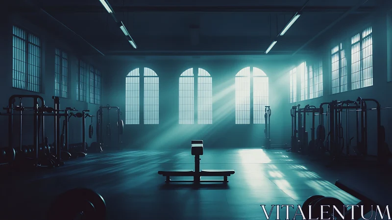 Quiet morning gym bathed in hopeful blue sunlight.