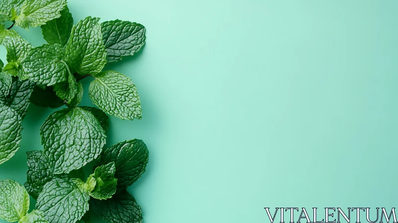 Mint leaves are arranged on a flat pastel green surface