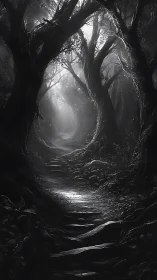 Monochrome forest path recedes beneath dense twisted trees