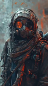 Post apocalyptic survivor in gas mask and tattered gear.