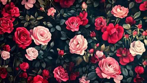 Roses in Deep Tones. Rich Garden Blooms Against Dark Background.
