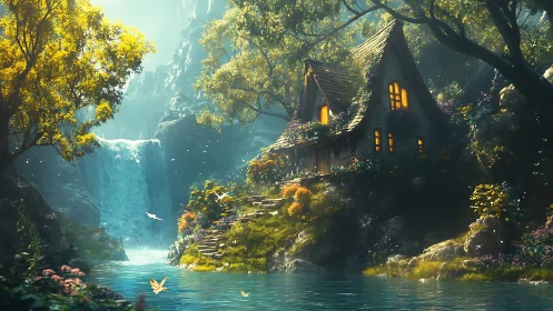 Waterfall-warmed cottage glows in a moss-bright forest hush.
