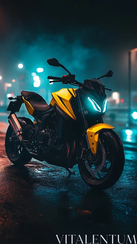 Yellow sport motorcycle under neon street fog at night.