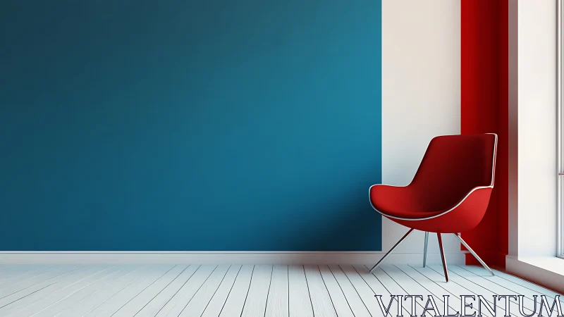 Red modern chair stands against teal and white accent wall