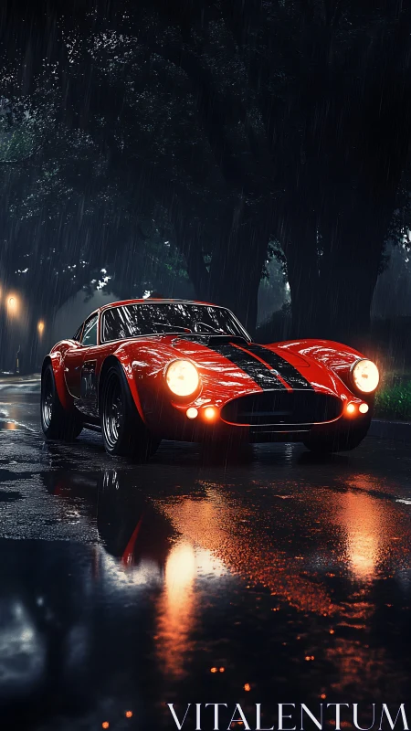 Midnight red racer prowls rain-slick city boulevard. Period.