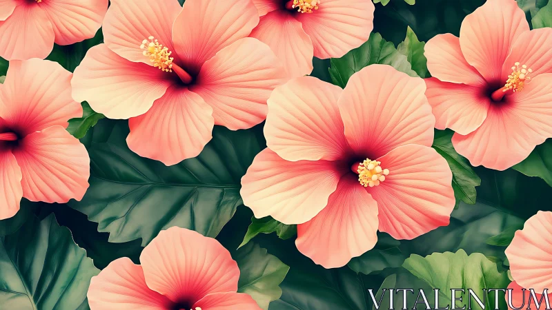 Coral Hibiscus Blooms Cascade in Lush Garden Symphony